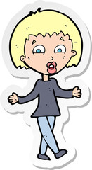sticker of a cartoon woman shrugging shoulders