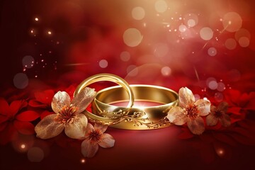 Floral red background with golden wedding rings for romantic invitation design. Symbolizes beautiful marriage ceremony with florals. Generative AI