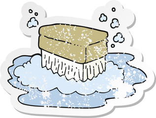 retro distressed sticker of a cartoon scrubbing brush