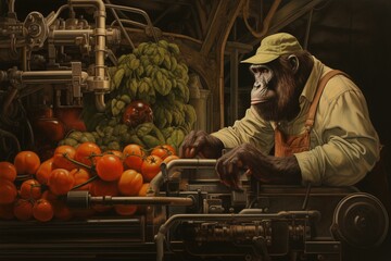 ape clutching the final tomatoes on earth alongside advanced equipment. Generative AI