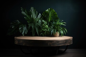 Dark background with round wooden table and tropical leaves, ideal for showcasing products. This high-quality photo has no branding or celebrities. Generative AI