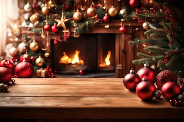 christmas tree with candles , decorations and fireplace in winter season - obrazy, fototapety, plakaty
