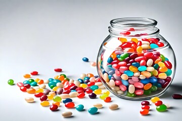 candy in a glass jar on white background
