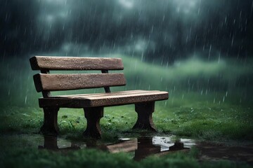 bench in the garden at the time of rain