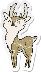 distressed sticker of a cartoon happy stag