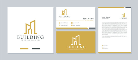 Building Logo Element Vector . Modern Real Estate Building Logo Vector with Business Card and Letterhead - obrazy, fototapety, plakaty