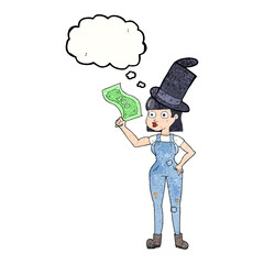 freehand drawn thought bubble textured cartoon woman holding on to money