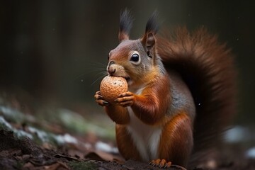 Naklejka na ściany i meble Funny squirrel holding large nut. Generative AI