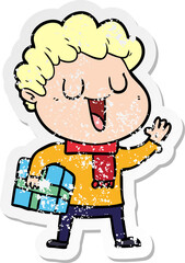 distressed sticker of a laughing cartoon man with present
