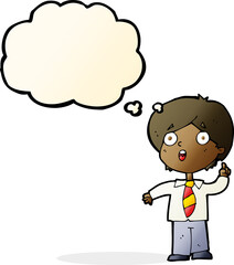 cartoon schoolboy answering question with thought bubble