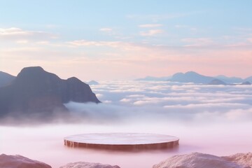 Surreal stone podium outdoors on clouds in soft blue sky pink pastel misty mountain nature...