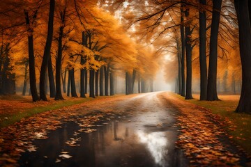 Road passing among the autumn trees at rainy season