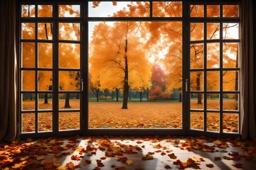 view of autumn trees from the window of a luxury house - obrazy, fototapety, plakaty