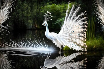 white peacock with feathers out at the water