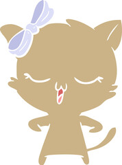 flat color style cartoon cat with bow on head