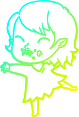 Fototapeta premium cold gradient line drawing of a cartoon vampire girl with blood on cheek