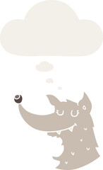 cartoon wolf with thought bubble in retro style