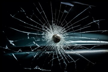 Cracked windshield with a bullet hole against a dark background. Generative AI - obrazy, fototapety, plakaty