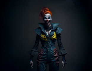 Portrait of a creepy scary female clown with sharp teeth
