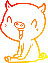 warm gradient line drawing of a happy cartoon pig sitting