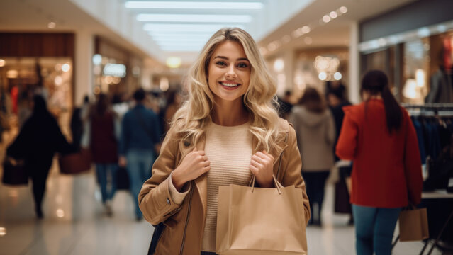 A woman holding a shopping bag in a mall for Black Friday poster - Fictional Person, Generative AI