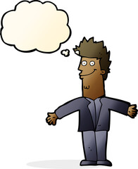 cartoon happy man with open arms with thought bubble