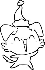 happy little dog hand drawn line drawing of a wearing santa hat