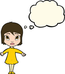 cartoon girl in dress with thought bubble