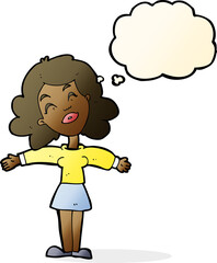 cartoon woman with open arms with thought bubble