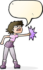 cartoon woman punching with speech bubble