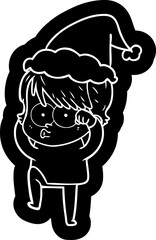 quirky cartoon icon of a woman wearing santa hat