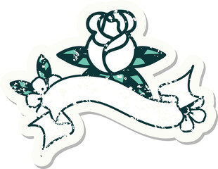 worn old sticker with banner of a single rose