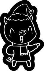 happy quirky cartoon icon of a pig in winter clothes wearing santa hat