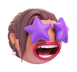 Emoji smiling face with star eyes of glamour woman. Cartoon smiley on transparent background. 3D render left view