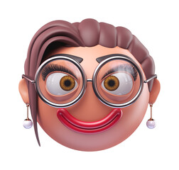 Emoji nerd face of glamour woman. Cartoon smiley on transparent background. 3D render front view