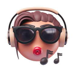 Emoji smiling face wearing sunglasses and headphones of glamour woman. Cartoon smiley on transparent background. 3D render front view