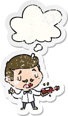 Obraz premium cartoon wine expert with thought bubble as a distressed worn sticker