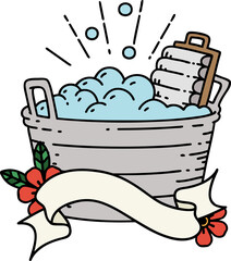 scroll banner with tattoo style old washboard and scrubbing bowl