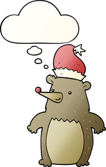cartoon bear wearing christmas hat with thought bubble in smooth gradient style