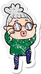 distressed sticker of a cartoon tired woman wearing spectacles