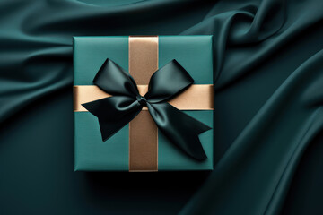 Top view of Present box with ribbon and bow. Minimalistic gift wrapping For Handsome Man. Masculine Design for banner or card. Teal, green, gold giftbox. Silk background with copy space. Anniversary.