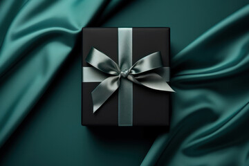 Top view of Present box with ribbon and bow. Minimalistic gift wrapping for husband. Design for banner or card. For Handsome Man. Teal and black giftbox. Silk background with copy space. Anniversary. - obrazy, fototapety, plakaty