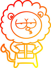 warm gradient line drawing of a cartoon bored lion with present