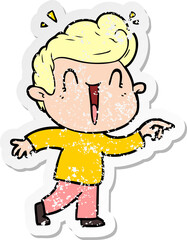 distressed sticker of a cartoon excited man