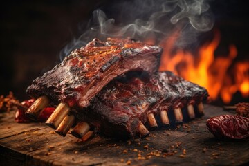 An appetizing photograph capturing a closeup view of BBQ ribs, showcasing their mouthwatering juiciness, charred edges, and the irresistible aroma that seems to leap out of the image, instantly