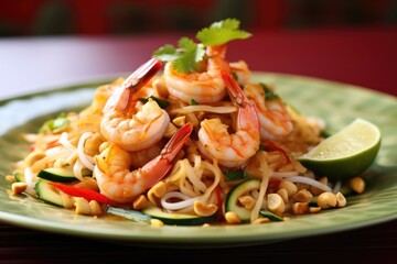 A vibrant plate of Pad Thai featuring the delightful combination of plump, juicy shrimp and tangy tamarindinfused noodles. The dish is made even more appealing with the addition of crisp,