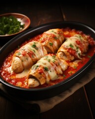 Juicy, tender chicken fillets served piping hot with a generous amount of seasoned tomato sauce that is both savory and slightly sweet, complemented by a decadent layer of melted cheese.