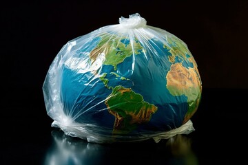 Eco-concept: Earth in plastic wrap representing plastic waste issue. Generative AI