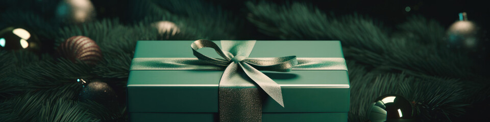 Christmas gift banner, emerald and green present box, golden ribbon, spruce branches and pinecone. Merry Christmas! Christmas tree with ornaments. Happy New Year 2024! Xmas. - obrazy, fototapety, plakaty