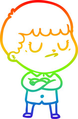rainbow gradient line drawing of a cartoon grumpy boy